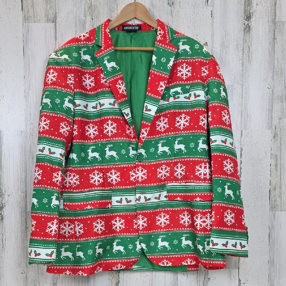Suitmeister Christmas Festive Nordic Red Green Suit Jacket Blazer Size XL 46-48
